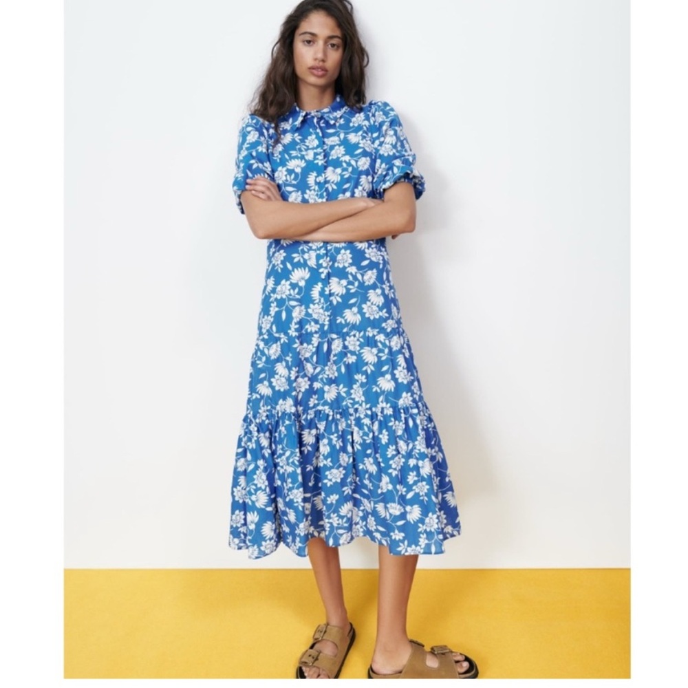 Zara Blue Floral Cotton Ruffle Midi Dress